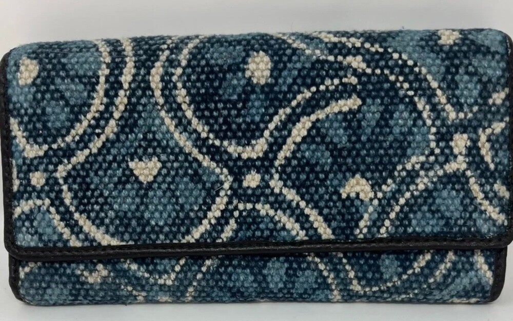 Myra bag Blue Fabric Wallet with Brown Leather Trim Snap Button Closure